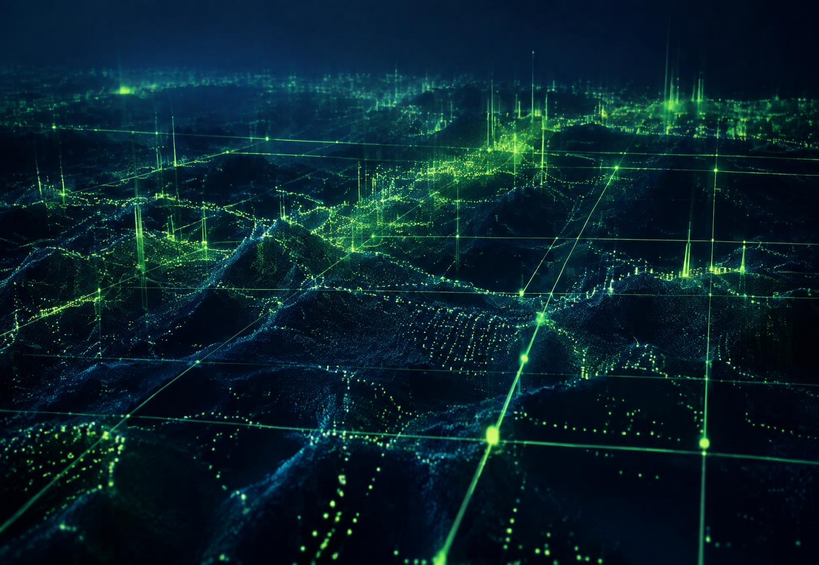 Abstract visualisation of digital infrastructure with connected network nodes